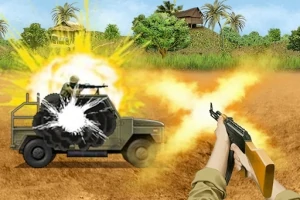 En person sigter en AK-47 mod et militærkøretøj, der eksploderer, med en jungle og palmehytter i baggrunden