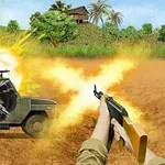 En person sigter en AK-47 mod et militærkøretøj, der eksploderer, med en jungle og palmehytter i baggrunden