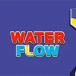 Teksten WATER FLOW i farverige bogstaver ved siden af en beholder med gul væske, der strømmer ned i en anden beholder på en blå baggrund
