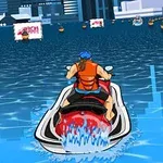 En person på en jetski sejler gennem vandet i en by med flere reklameskilt i baggrunden