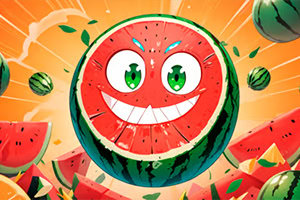 Smilende vandmelon med store øjne og grønt skind omgivet af melonstykker og skiver mod en lys orange baggrund