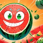 Smilende vandmelon med store øjne og grønt skind omgivet af melonstykker og skiver mod en lys orange baggrund