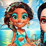 To an animerede figurer foran en solrig strandbaggrund, den ene i turkis badetøj og den anden i sort med fletninger