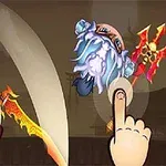 To tegnestilfigurer i kamp med sværd og en finger, der peger mod dem, mod en mørk baggrund