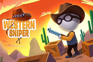 Cowboyfigur med hat og riffel står i en ørken omgivet af kaktusser og trækasser, med en solnedgang i baggrunden