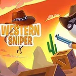 Cowboyfigur med hat og riffel står i en ørken omgivet af kaktusser og trækasser, med en solnedgang i baggrunden