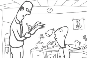 Whack Your Boss To personer i et kontor, den ene sidder ved et skrivebord, mens den anden skriver i en notesbog, med en telefon, lampe og plante i baggrunden