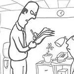 Whack Your Boss To personer i et kontor, den ene sidder ved et skrivebord, mens den anden skriver i en notesbog, med en telefon, lampe og plante i baggrunden