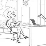 Whack Your PC En tegning af en kvinde med papir, der sidder overfor en mand ved et skrivebord i et kontor