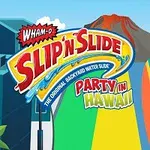 Animeret figur med dreadlocks og surfbræt foran en farverig skydeskrænt og tekst, der siger Slip n Slide Party in Hawaii med bjerge i baggrunden
