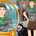 En tegneseriefigur iført sort-hvid stribet t-shirt og grønternet halstørklæde står foran en bybaggrund med en hund ved siden af