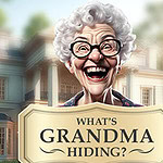 Ældre kvinde med krøllet hår og store briller smiler bredt foran et stort hus med teksten Whats Grandma Hiding?
