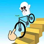 Et hvidt spøgelseshoved med røde øjne og en strittende tunge kører på en cykel ned ad en trappe, mens en hånd peger på hjulet