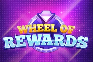 Farverig tekst med ordene Wheel of Rewards på en lilla baggrund med geometriske mønstre