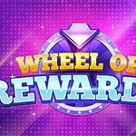 Farverig tekst med ordene Wheel of Rewards på en lilla baggrund med geometriske mønstre