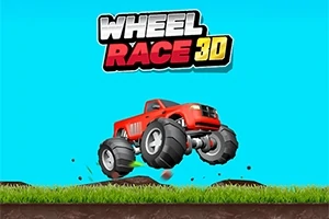 Rødt monstertruck med store hjul hopper over en grøn græsmark under en lys blå himmel med teksten WHEEL RACE 3D ovenfor