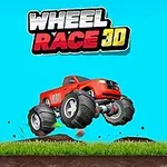Rødt monstertruck med store hjul hopper over en grøn græsmark under en lys blå himmel med teksten WHEEL RACE 3D ovenfor