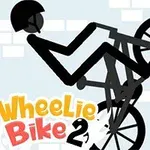 En stregfigur med hjelm laver en wheelie på en cykel foran en murstensvæg, med teksten Wheelie Bike 2 i forgrunden