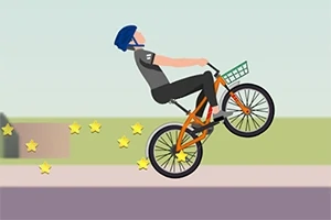 En person med blå hjelm laver et hjultrick på en orange cykel med gule stjerner i baggrunden