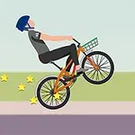 En person med blå hjelm laver et hjultrick på en orange cykel med gule stjerner i baggrunden