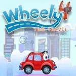 En rød bil med øjne kører foran en futuristisk bybaggrund med teksten Wheely 4 Time Travel ovenfor