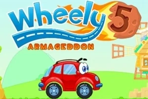 Rød tegneseriebil med øjne foran en vindmølle og en brændende meteor med teksten Wheely 5 Armageddon