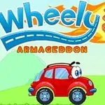 Rød tegneseriebil med øjne foran en vindmølle og en brændende meteor med teksten Wheely 5 Armageddon