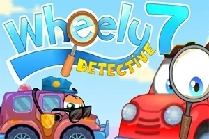 To tegnefilm-biler med øjne, en rød bil med lup og en lilla politibil med solbriller, samt teksten Wheely 7 Detective i baggrunden