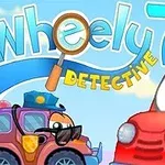 To tegnefilm-biler med øjne, en rød bil med lup og en lilla politibil med solbriller, samt teksten Wheely 7 Detective i baggrunden