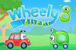 To tegneseriebiler med øjne, en rød og en grøn, står i et grønt landskab under en blå himmel med titlen Wheely 8 Aliens ovenfor