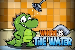 Tegneseriealligator står under en bruser i et badeværelse med orange fliser og teksten Where is the Water