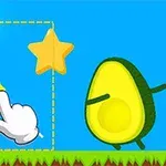 En glad kugle, en gul stjerne, og en halveret avocado med arme og ben på en blå baggrund