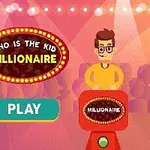 Tegning af en person ved et spilshow-podie med et skilt, der siger Who is the Kid Millionaire, samt en Play-knap