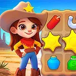 En kvindelig cowboyfigur står foran et farverigt spilgitter med stjerner og ikoner i en tegneseriestil