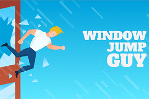 En mand med blondt hår hopper ud af et vindue, mens glasskår flyver omkring ham, med teksten Window Jump Guy til højre