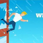 En mand med blondt hår hopper ud af et vindue, mens glasskår flyver omkring ham, med teksten Window Jump Guy til højre