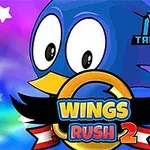 En blå tegneseriefigur med store øjne og et gult næb ses foran en farverig baggrund med teksten Wings Rush 2 og en krone med TapTapKing øverst