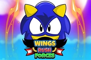 En tegnet blå karakter med gule horn og store øjne omgivet af farverige lysstråler og teksten Wings Rush Forces nedenunder