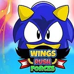 En tegnet blå karakter med gule horn og store øjne omgivet af farverige lysstråler og teksten Wings Rush Forces nedenunder