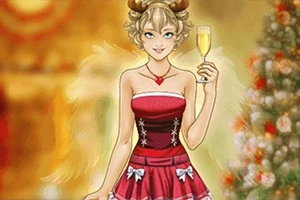 Ung kvinde med krøller, englevinger, rensdyrhorn og et rød-hvidt julekostume, der holder et glas champagne foran et dekoreret juletræ