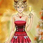 Ung kvinde med krøller, englevinger, rensdyrhorn og et rød-hvidt julekostume, der holder et glas champagne foran et dekoreret juletræ