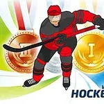 En ishockeyspiller i rød og sort dragt med medaljer i baggrunden