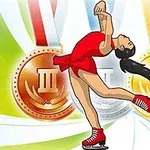 En kvindelig kunstskøjteløber i en rød kjole udfører en elegant skøjteposition foran tre medaljer i guld, sølv og bronze
