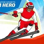 En skiløber i rød og hvid dragt udfører slalom på snedækket bjerg mod en blå og rød baggrund