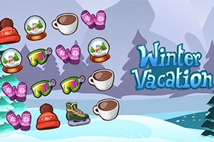 Sneen dækker landskabet med vintertilbehør som snekugler, varme drikke, vanter, skibriller, huer, og skøjter samt teksten Winter Vacation