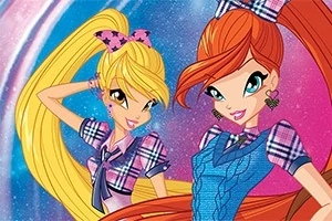 To farverige animerede piger med langt hår og farverige plaid kjoler står side om side foran en glitrende baggrund