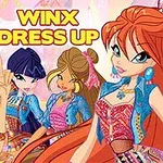 Farverige figurer iført stilfuldt tøj og tilbehør med teksten WINX DRESS UP