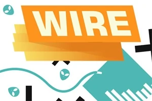 Illustration med teksten WIRE i store bogstaver på en orange baggrund, omgivet af geometriske former og linjer