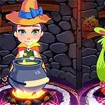 En hekseklædt person står ved en gryde med en grøn monsterfigur ved siden af, omgivet af en stenmuret baggrund med Halloween-dekorationer