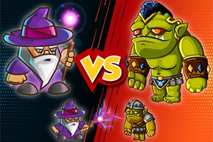 Tegneseriefigurer, der forestiller en troldmand og en goblin, står over for hinanden mod en baggrund opdelt i blå og rød med et VS i midten